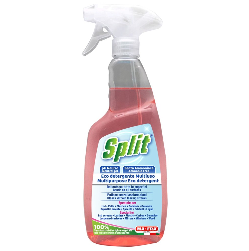 A 750ml trigger spray bottle filled with pink liquid of Mafra Split Multipurpose Eco Detergent