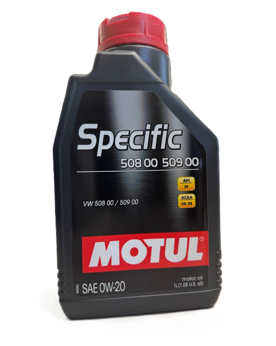 A black plastic bottle of Motul Specific 0W-20 engine oil approved for VW 508 00 509 00