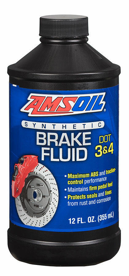 A 355 mL black plastic bottle of genuine Amsoil DOT 3 & 4 synthetic brake fluid