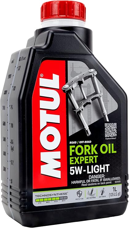 A black bottle of Motul Fork Oil Expert 5W Light (1 Liter)