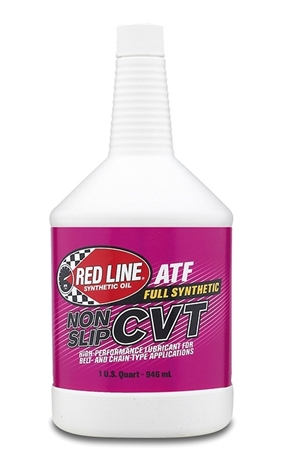 عبوة بيضاء لزيت ريدلاين ATF CVT التخليقي بالكامل مع ملصق باللونين الأحمر والوردي.