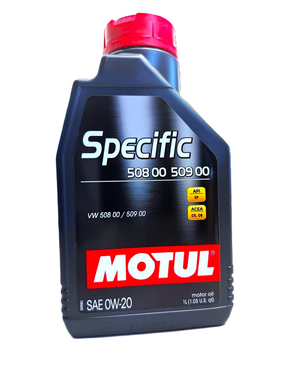 A black plastic bottle of Motul Specific 0W-20 engine oil approved for VW 508 00 509 00