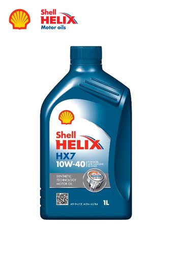 1-liter blue plastic container of genuine Shell Helix HX7 10W-40 synthetic technology engine oil.