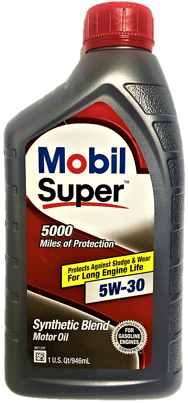 a genuine 946ml gray plastic container with a red cap of Mobil Super 5000 Synthetic Blend 5W-30 motor oil on CarBoost store