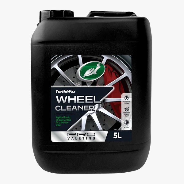 A 5 liters black plastic jug of Wheel Cleaner Pro Valeting by Turtle Wax