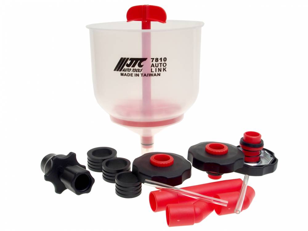 JTC spill-free coolant funnel kit displaying its translucent plastic fluid basin along with its black and red radiator adapters