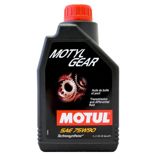 A black plastic bottle of Motul Motylgear 75W-90 API GL-4/GL-5 gear and differential oil