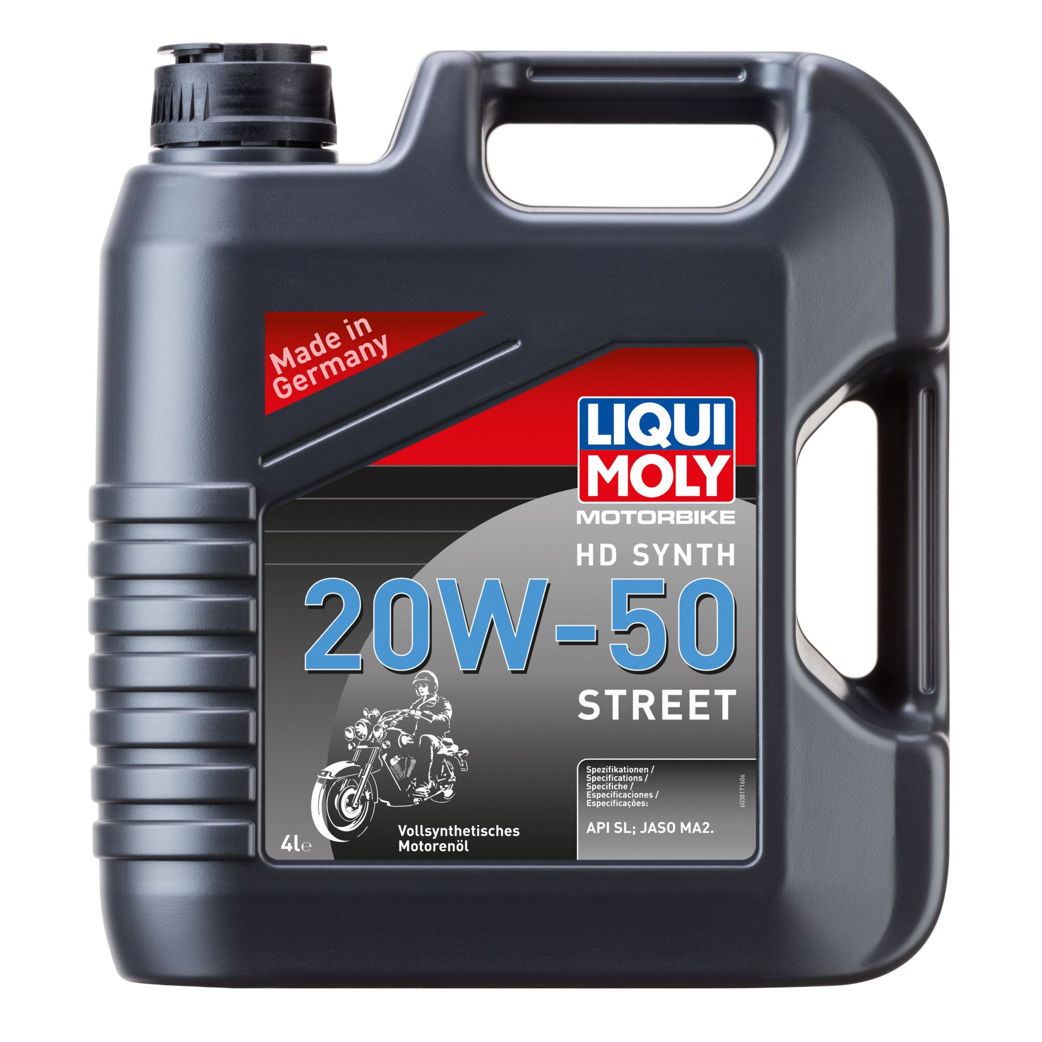 A grey 4-liter plastic jug of Liqui Moly Racing HD Synth Street 20W-50 motorcycle