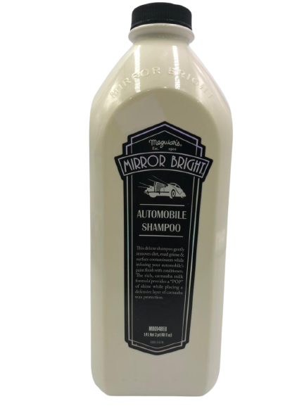 A classic white car shampoo bottle by Meguiars, Mirror Bright Automobile Shampoo