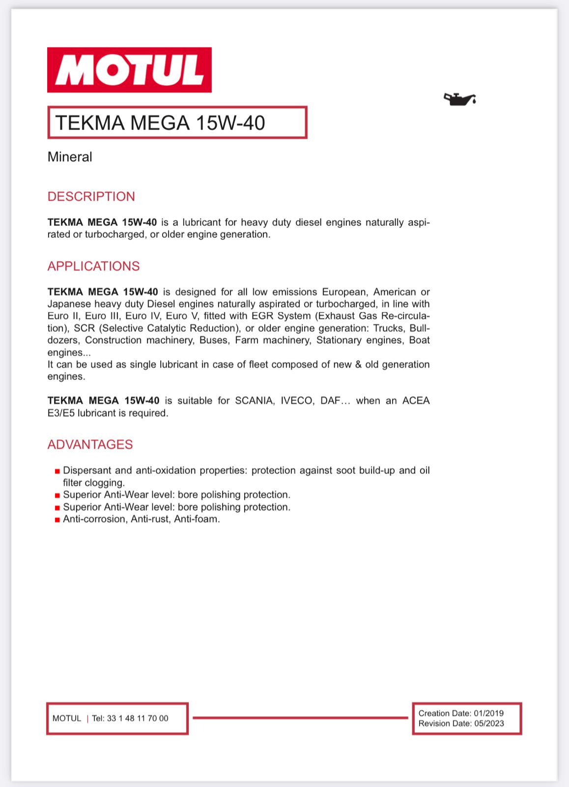 A black 5-liter plastic jug of Motul Tekma Mega 15W-40 heavy-duty diesel engine oil