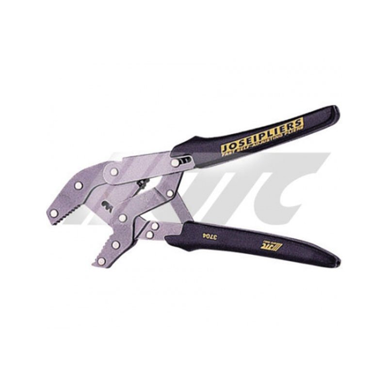 JTC self-adjusting pliers displaying its grey hardened metal parallel jaws