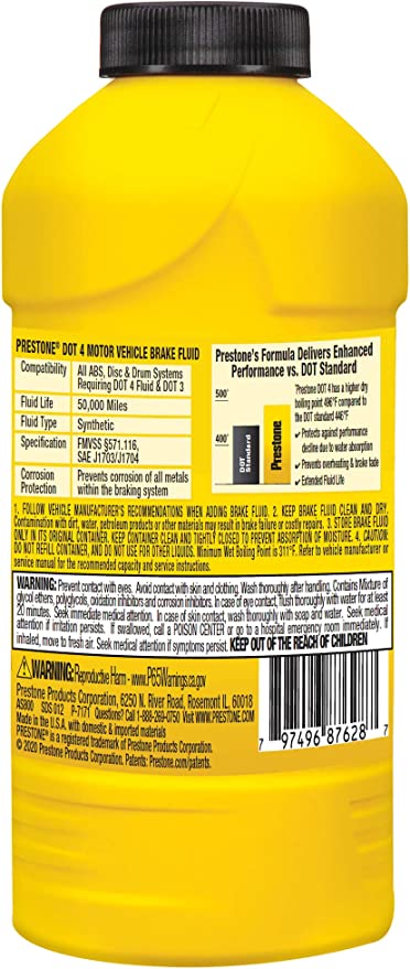 A 354ml yellow plastic bottle of Prestone Synthetic Brake Fluid DOT 4
