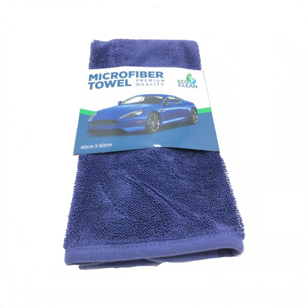 A blue cleaning and drying towel made of microfibers, bearing a paper wrapper with the Eco Clean brand logo