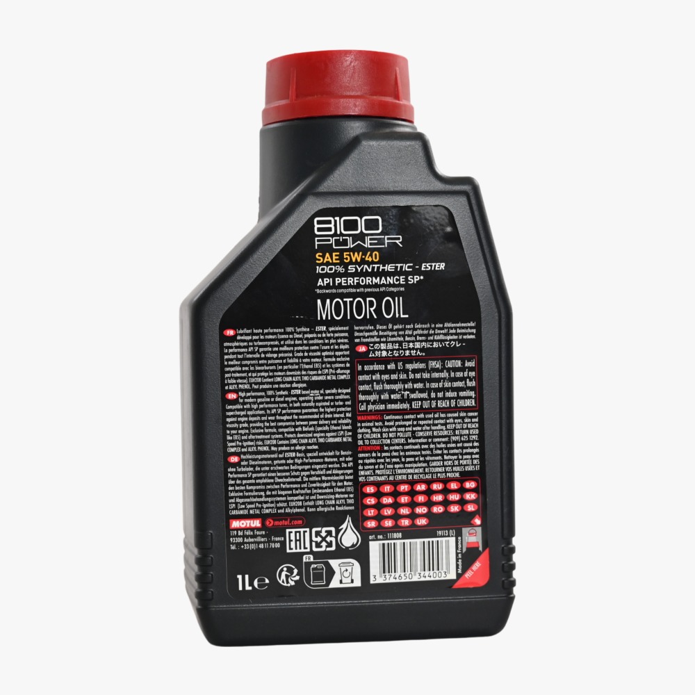 a genuine 1L premium black plastic container with a red cap of Motul 8100 Power 100% Synthetic 5W-50 motor oil on CarBoost store.