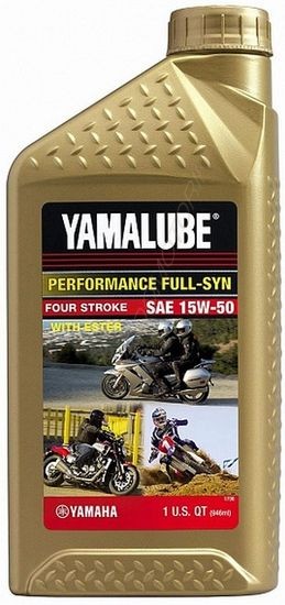 A gold 946ml plastic bottle of Yamalube Performance Full-Synthetic 15W-50