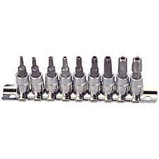JTC 9-piece silver 5-point security star socket set inside its retail blister packaging