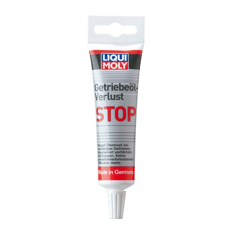A white 50ml squeeze tube with a tapered applicator nozzle of Genuine LIQUI MOLY Gear Oil Leak-Stop additive