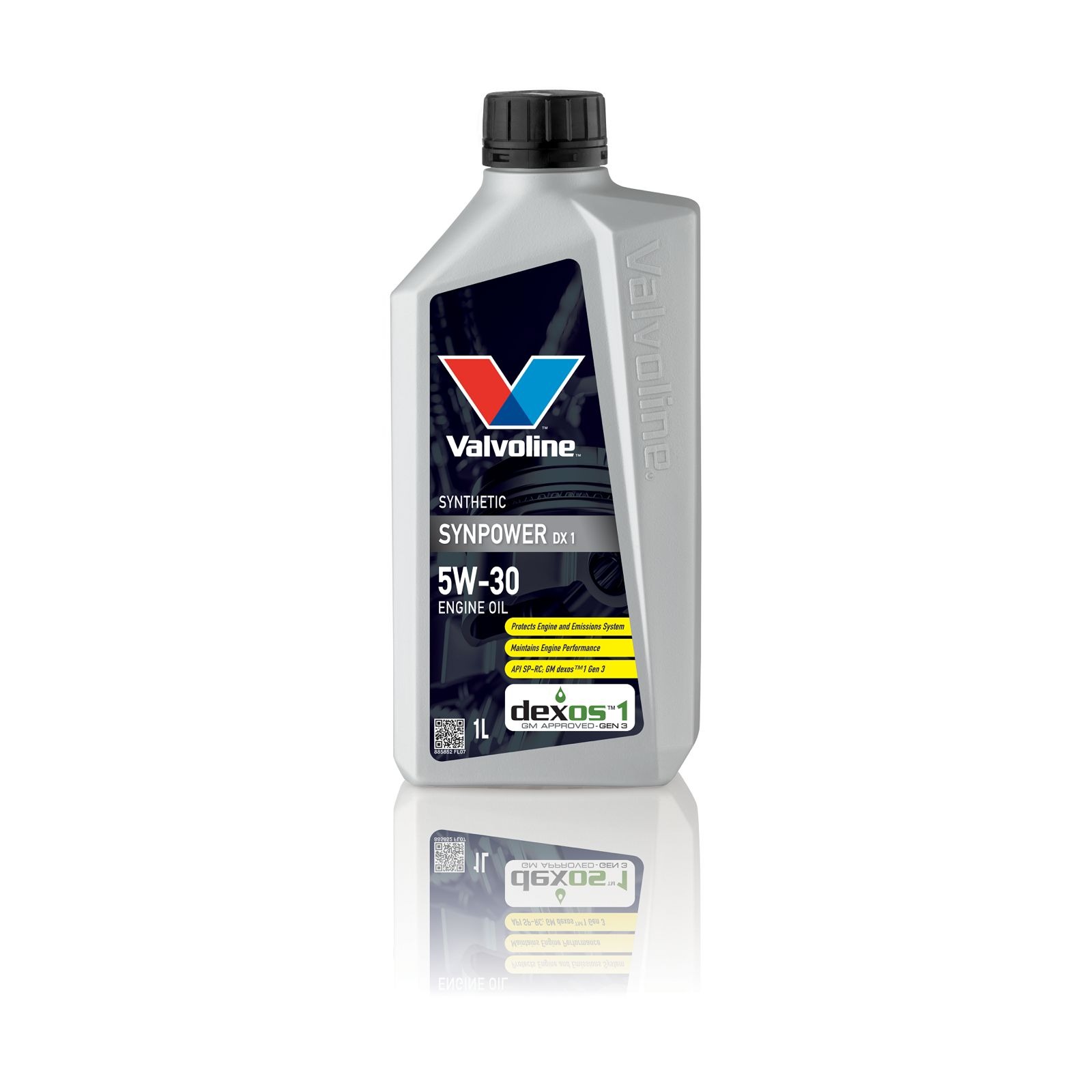 A silver bottle of Valvoline SynPower DX1 5W-30 Full Synthetic 1L
