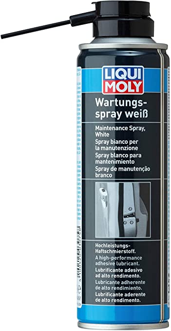 White maintenance spray aerosol can of Liqui Moly 250ml with a long black precision nozzle