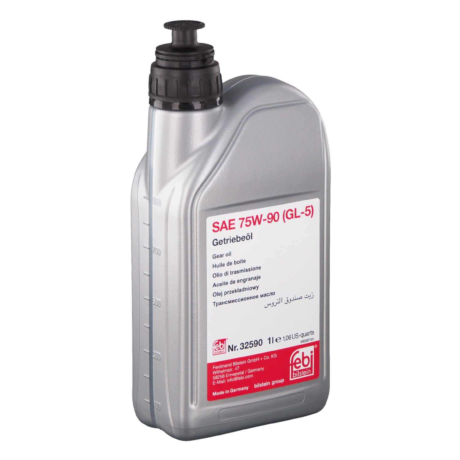 A 1-liter bottle of German febi bilstein Gear Oil SAE 75W-90 GL-5 (Part No. 32590)