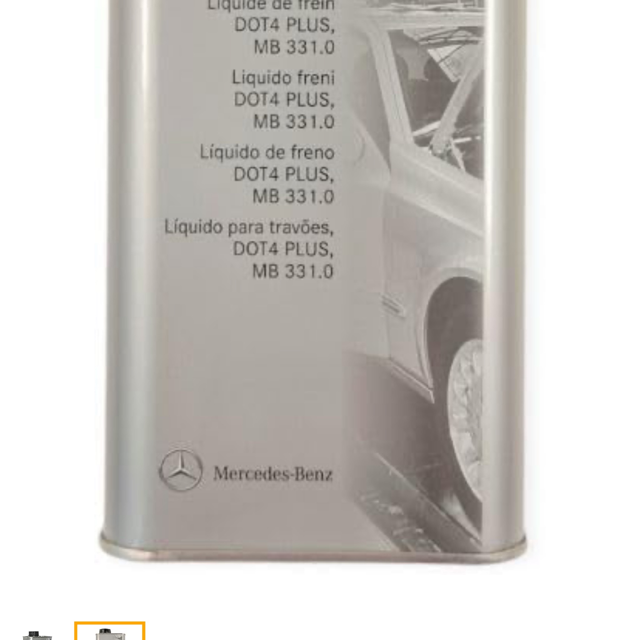 A 1-liter rectangular silver metal can of genuine Mercedes-Benz Brake Fluid DOT 4