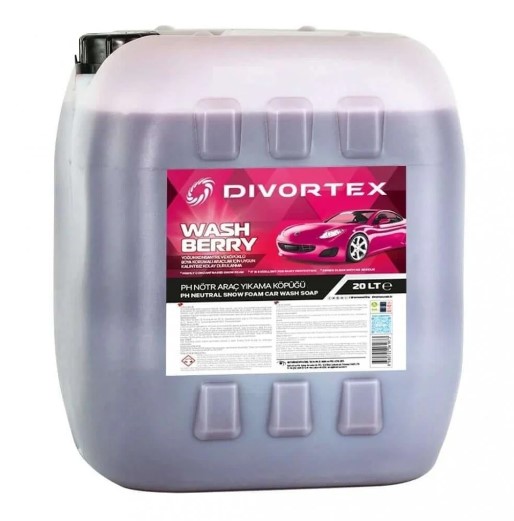 A large 20KG plastic gallon container of Wash Berry car shampoo by DVX
