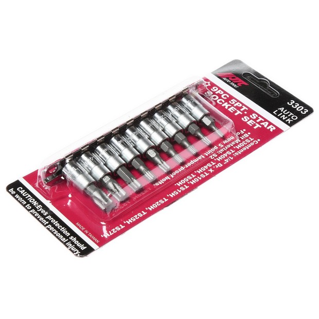JTC 9-piece silver 5-point security star socket set inside its retail blister packaging