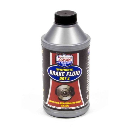 A 354.9ml silver metal bottle with a black label of Lucas Synthetic Brake Fluid DOT 4