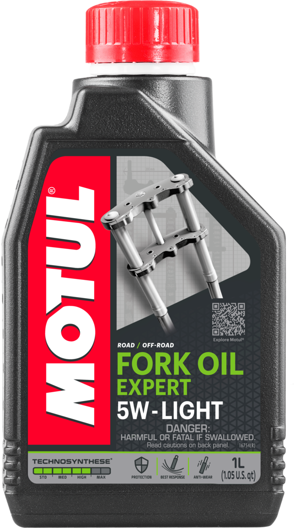 A black bottle of Motul Fork Oil Expert 5W Light (1 Liter)