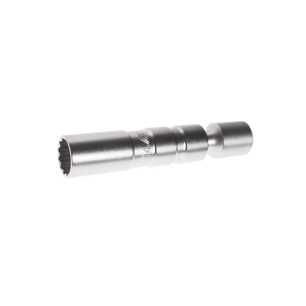 JTC 14mm flexible swivel spark plug socket showing a matte silver chrome body with an integrated universal joint pivot