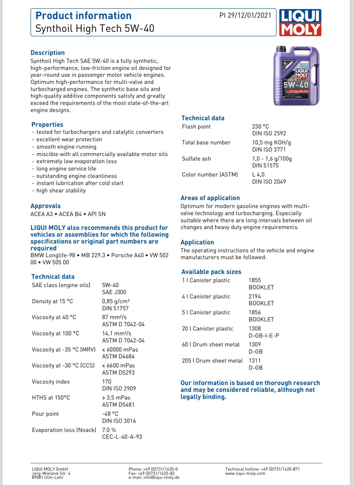 Liqui Moly Synthoil High Tech 5W-40 Fully Synthetic Motor Oil 1L bottle