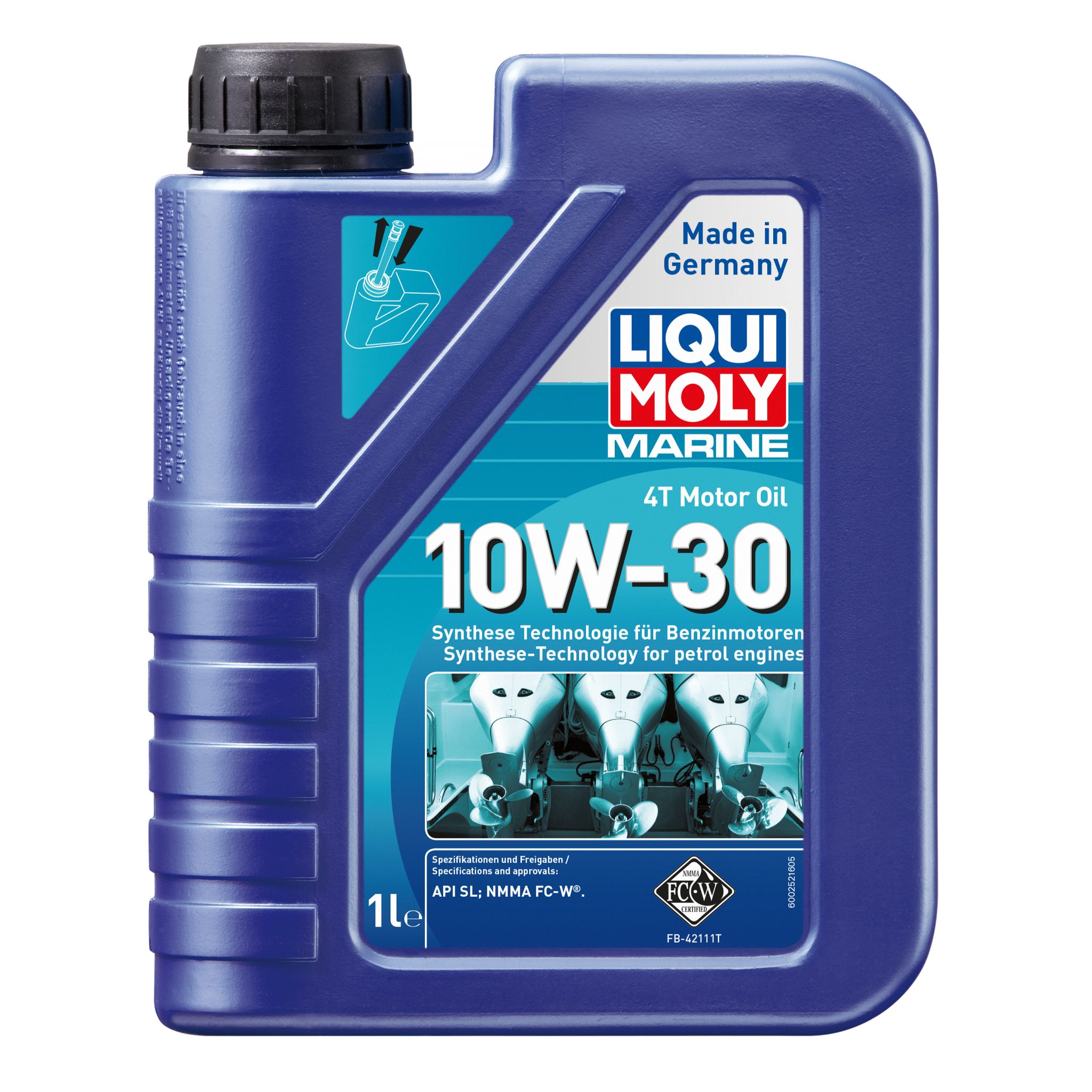 A single blue plastic bottle of Liqui Moly Marine 4T 10W-30 motor oil 1 Liter