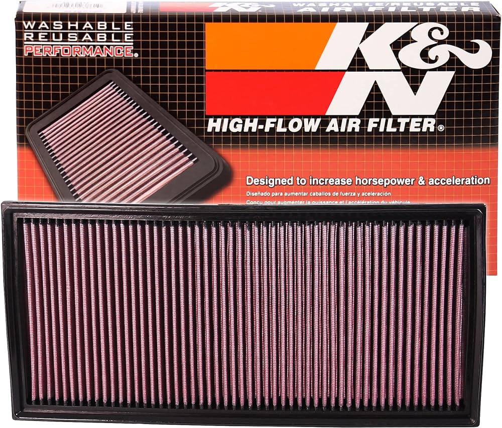 K&N High-Flow sports air filter for Volkswagen Touareg and Porsche Cayenne inside its original retail box.