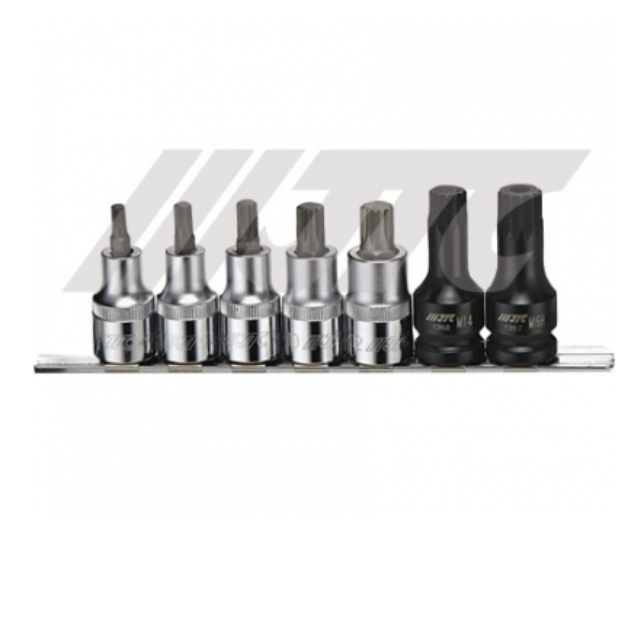 JTC Torx bit socket set showing silver and black star-profile bit tools mounted