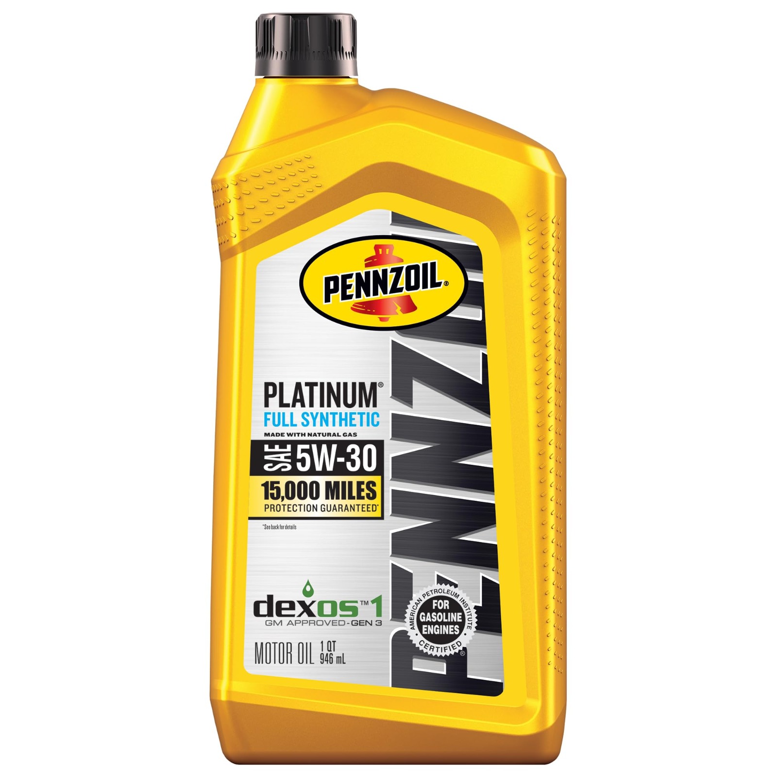 A classic yellow bottle of Pennzoil Platinum Full Synthetic 5W-30 motor oil