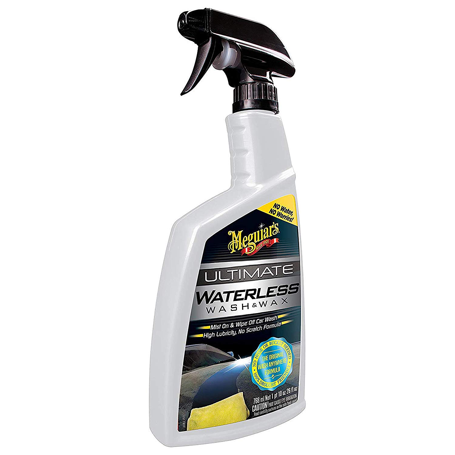 A 750ml grey plastic spray bottle of Meguiar's Ultimate Waterless Wash & Wax with a black spray nozzle.