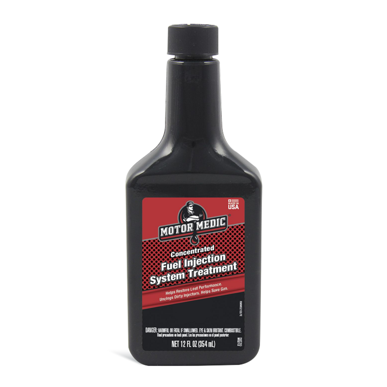 A 12 FL OZ (354ml) black bottle of MOTOR MEDIC Concentrated Fuel Injection System Treatment fluid