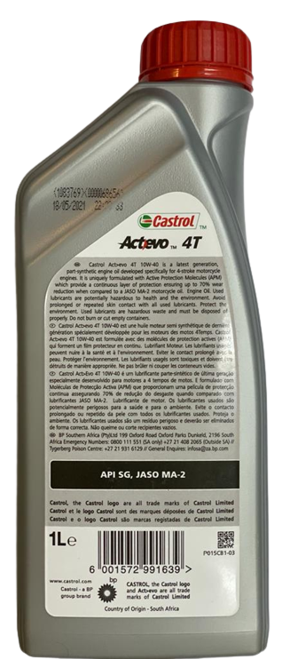 A 1-liter bottle of premium Castrol Actevo 4T 10W-40 4-stroke motorcycle engine oil displayed on Carboost platform.