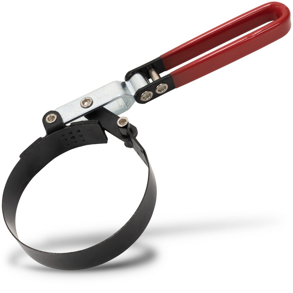 A professional TOWER band oil filter wrench tool featuring a circular flexible black steel strap connected to a solid steel