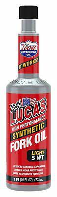 A silver bottle of Lucas High Performance Synthetic Fork Oil 5 WT Light (473 mL)