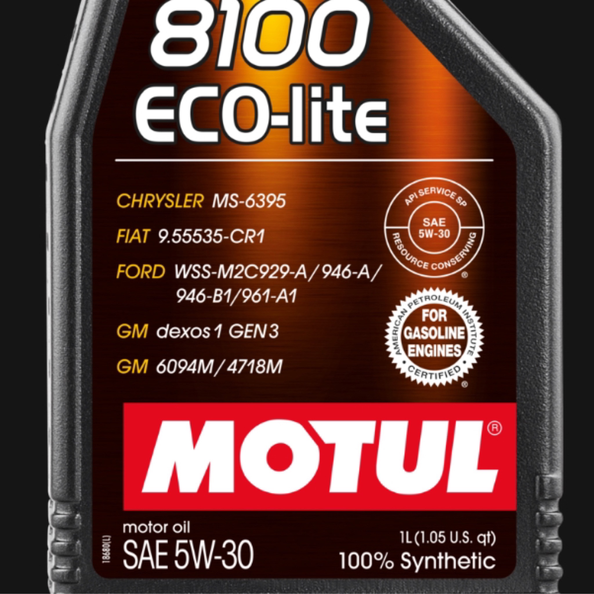 A black 1-liter container of Motul 8100 Eco-lite 5W-30 dexos1 Gen3 100% Full Synthetic motor oil