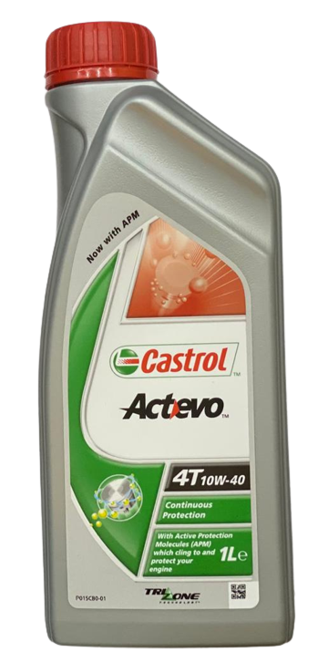 A 1-liter bottle of premium Castrol Actevo 4T 10W-40 4-stroke motorcycle engine oil displayed on Carboost platform.