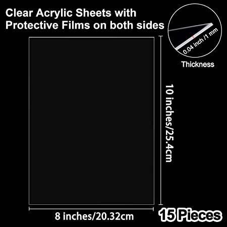 15 Pieces Clear Acrylic Sheets 0.04 inch Thickness 8 x 10 Inches Transparent Square Panel Sheets with Protective Film for Picture Frame, Display Projects, DIY Craft 