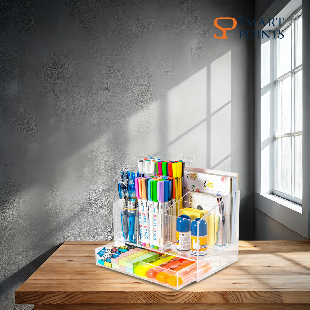  Acrylic Desk Organizer, Upgraded Clear Pencil Organizer for Desk, 7 Compartments Stationary Pen Organizer Storage with Drawer, for Office Supply, 500+ Pencils Capacity 