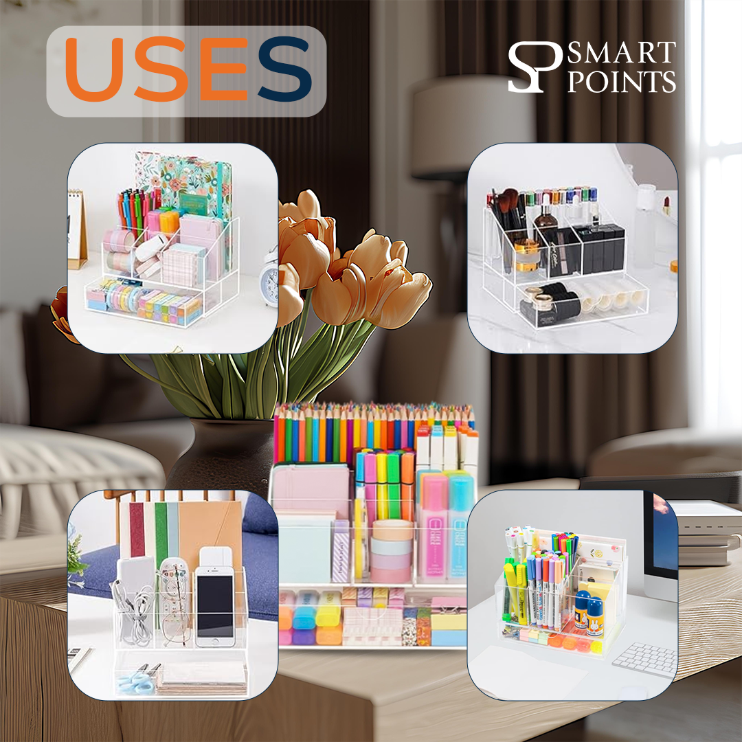  Acrylic Desk Organizer, Upgraded Clear Pencil Organizer for Desk, 7 Compartments Stationary Pen Organizer Storage with Drawer, for Office Supply, 500+ Pencils Capacity 