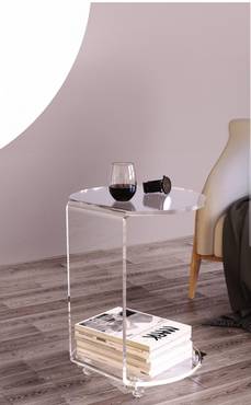  C-Shaped Round Acrylic Side Sofa Table on Wheels,Clear Rolling Decoration Table for Living Room or Bedroom 