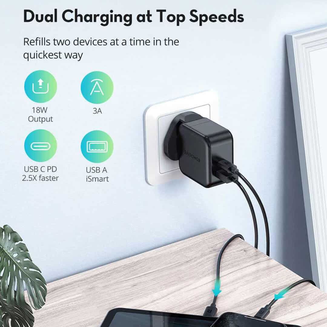 مجموعة شاحن الحائط بمنفذين 20 ، 18 وات من راف باور RAVPower بتقنية الشحن السريع الذكي