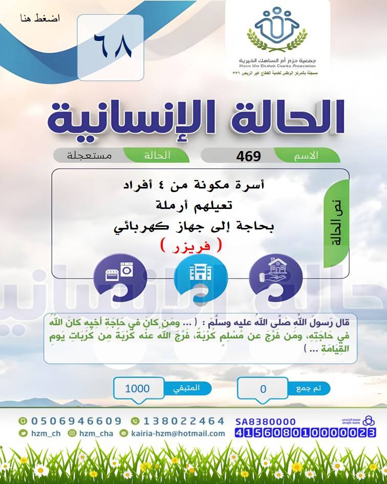 الحالة الإنسانية 68 : أرملة تعيل 4 أفراد بحاجة إلى جهاز كهربائي