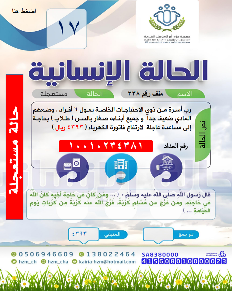 الحالة 17 : من ذوي الاحتياجات الخاصة بحاجة عاجلة لسداد فاتورة كهرباء