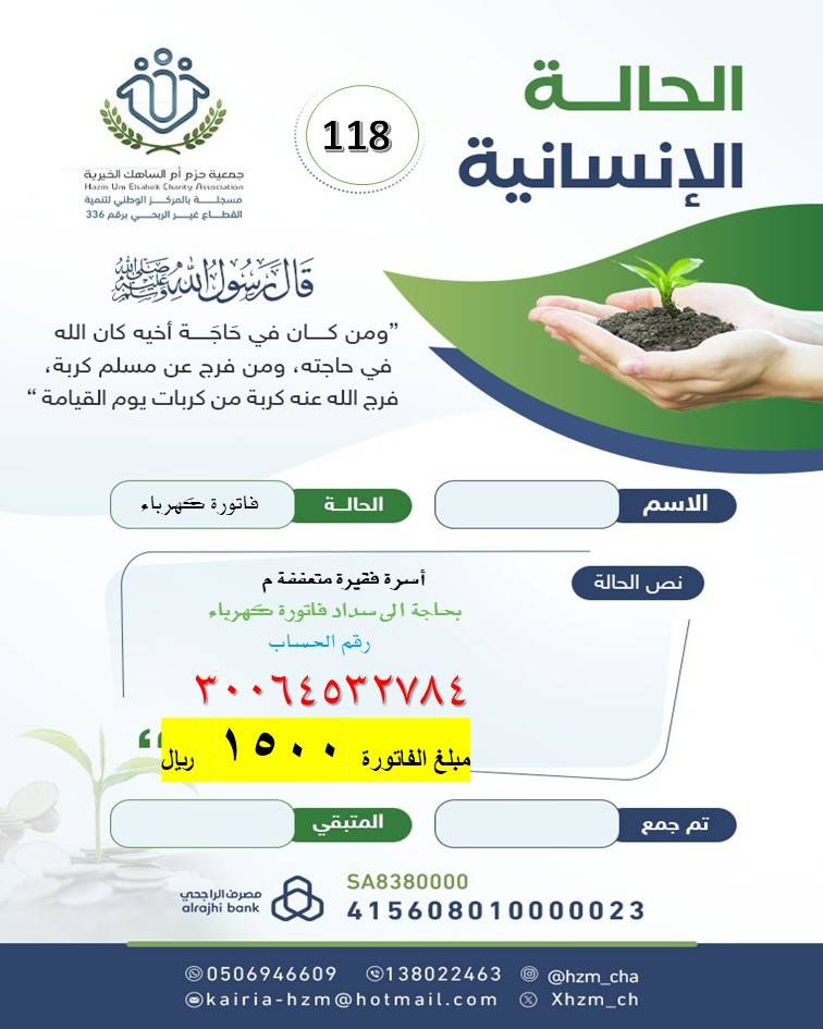 الحالة الإنسانية 118 : أسرة متعففة بحاجة إلى سداد فاتورة كهرباء 